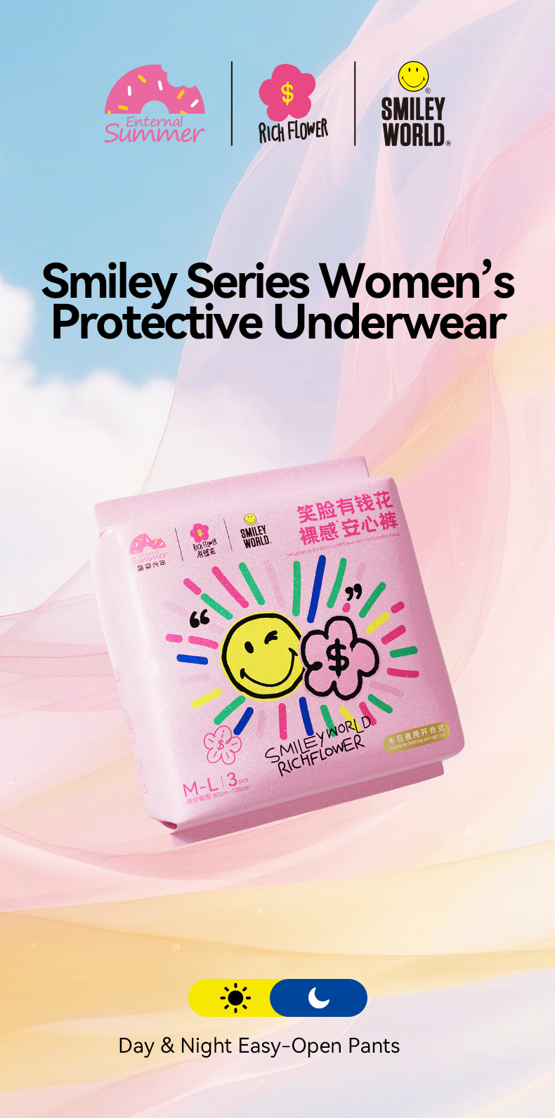 Enternal Summer Smiley Rich Flower Ultra-Thin Night Pants (Side-Open) - 3 Pcs